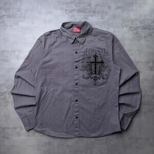 Y2K Greymax Grunge Gothic Cross Long Sleeve Button Up Shirt